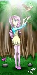 Size: 640x1280 | Tagged: safe, artist:shadow strike, fluttershy, bird, human, g4, clothes, flower, forest, freedom, grass, humanized, nature, rock, sunshine, sweater, sweatershy, tree