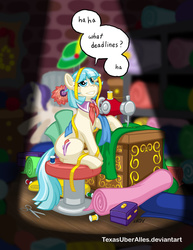 Size: 557x720 | Tagged: safe, artist:texasuberalles, coco pommel, earth pony, pony, g4, female, insanity, sewing, sewing machine, solo