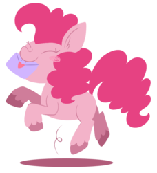 Size: 810x887 | Tagged: source needed, safe, artist:typhwosion, pinkie pie, earth pony, pony, g4, blushing, eyes closed, female, holiday, jumping, letter, love letter, mouth hold, simple background, solo, transparent background, unshorn fetlocks, valentine, valentine's day