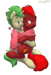 Size: 590x865 | Tagged: safe, artist:hoodoo, oc, oc only, oc:golden heart, oc:storm flare, pegasus, pony, unicorn, bedroom eyes, clothes, couple, cuddling, eye contact, gay, male, scarf, shared clothing, shared scarf, snuggling, stallion