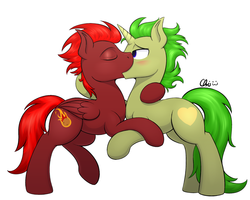 Size: 1055x844 | Tagged: safe, artist:nekocrispy, oc, oc only, oc:golden heart, oc:storm flare, pegasus, pony, unicorn, couple, duo, eyes closed, gay, holding hooves, kiss on the lips, kissing, looking at each other, male, stallion