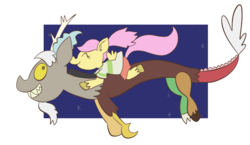Size: 933x542 | Tagged: safe, artist:typhwosion, discord, fluttershy, pegasus, pony, g4, clothes, duo, fangs, fluttershy riding discord, flying, night, ponies riding draconequi, riding, riding discord, sharp teeth, shirt, shorts, simple background, spirited away, stars, teeth, transparent background, unshorn fetlocks