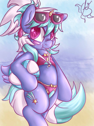 Size: 1280x1707 | Tagged: safe, artist:aquaticsun, cloudchaser, pony, g4, beach, beach ball, bikini, bipedal, clothes, female, midriff, ribbon, solo, sunglasses, swimsuit, wingding eyes