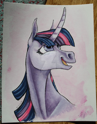 Size: 1024x1303 | Tagged: safe, artist:mylittleasspit, twilight sparkle, g4, curved horn, female, hoers, horn, solo, traditional art, watermark