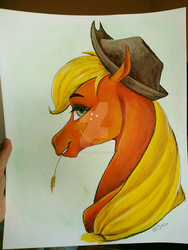 Size: 1024x1365 | Tagged: safe, artist:mylittleasspit, applejack, g4, female, hoers, solo, traditional art, watermark