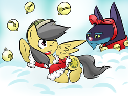 Size: 1024x768 | Tagged: safe, artist:shujiwakahisaa, ahuizotl, daring do, pegasus, pony, g4, bell, christmas, clothes, costume, female, holiday, male, mare, ribbon, santa costume, ship:darizotl, shipping, straight, twelve days of christmas