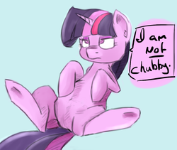 Size: 998x842 | Tagged: safe, artist:post-it, twilight sparkle, g4, blatant lies, chubby, colored, female, solo, unamused