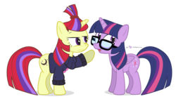 Size: 940x530 | Tagged: safe, artist:dm29, moondancer, twilight sparkle, alicorn, pony, g4, accessory theft, adorkable, cute, dancerbetes, dork, duo, female, julian yeo is trying to murder us, mare, simple background, transparent background, twiabetes, twilight sparkle (alicorn)