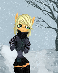 Size: 1024x1286 | Tagged: safe, artist:vadkaart, applejack, earth pony, anthro, g4, clothes, female, snow, snowfall, solo