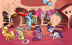 Size: 1024x643 | Tagged: safe, artist:lilsunshinesam, applejack, fluttershy, pinkie pie, rainbow dash, rarity, twilight sparkle, alicorn, earth pony, pegasus, pony, unicorn, g4, balloon, christmas, colored hooves, eyes closed, female, floating, flying, golden oaks library, mane six, mare, raised hoof, reading, sitting, smiling, stairs, then watch her balloons lift her up to the sky, twilight sparkle (alicorn), unshorn fetlocks
