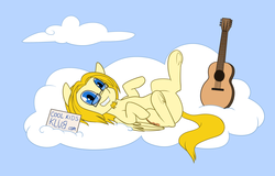 Size: 1280x818 | Tagged: safe, artist:estrill, oc, oc only, pegasus, pony, cloud, guitar, solo