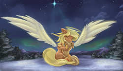 Size: 3800x2200 | Tagged: safe, artist:ardail, applejack, g4, applejack's mom, applejack's parents, aurora borealis, christmas, crying, emotional, halo, hat, high res, mother and daughter, night, sad, snow, spread wings, starry night, stars, tree, wings