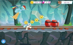 Size: 1154x723 | Tagged: source needed, useless source url, safe, gameloft, screencap, coco pommel, rainbow dash, g4, barrel, coin