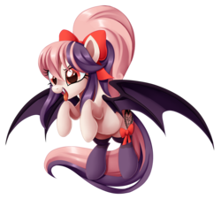 Size: 2000x1797 | Tagged: safe, artist:centchi, oc, oc only, oc:sweet velvet, bat pony, pony, bow, clothes, cute, fangs, hair bow, ponytail, ribbon, simple background, socks, solo, spread wings, tongue out, transparent background