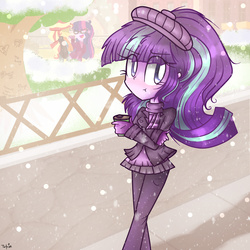 Size: 1000x1000 | Tagged: safe, artist:twilytrinky, sci-twi, starlight glimmer, sunset shimmer, twilight sparkle, human, equestria girls, g4, clothes, equestria girls-ified, female, jacket, snow, snowfall, solo
