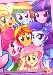Size: 816x1158 | Tagged: safe, artist:kelsea-chan, applejack, fluttershy, pinkie pie, rainbow dash, rarity, sci-twi, sunset shimmer, twilight sparkle, equestria girls, g4, alternate mane seven, blushing, cute, female, freckles, grin, heart eyes, humane five, humane six, looking at you, mane six, open mouth, patreon, patreon logo, photo, selfie, sleeveless, smiling, wingding eyes