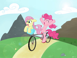 Size: 1920x1440 | Tagged: safe, artist:mcsadat, fluttershy, pinkie pie, earth pony, pegasus, pony, g4, bicycle, duo, female, mare, ride to conquer cancer