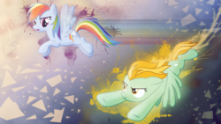 Size: 1920x1080 | Tagged: safe, artist:marelynmayhem, artist:mummifiedthunderbird, artist:thegraid, lightning dust, rainbow dash, g4, flying, vector, wallpaper