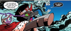 Size: 1400x626 | Tagged: safe, artist:andypriceart, idw, official comic, king sombra, rabia, radiant hope, pony, umbrum, unicorn, g4, siege of the crystal empire, spoiler:comic, cape, clothes, female, male, mare, speech bubble, stallion