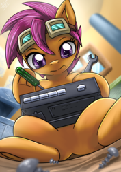 Size: 2000x2828 | Tagged: safe, artist:vavacung, scootaloo, pegasus, pony, g4, featureless crotch, female, filly, goggles, high res, looking up, macro, maintenance, micro, offscreen character, pov, radio, repairing, screw, screwdriver, solo, wrench