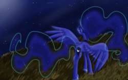 Size: 1280x804 | Tagged: dead source, safe, artist:freerainclouds, princess luna, alicorn, pony, g4, butt, female, moon, night, plot, solo, spread wings