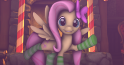Size: 4096x2160 | Tagged: safe, artist:sugarcube-cake, fluttershy, g4, 3d, bow, candy, candy cane, clothes, female, fireplace, food, hair bow, smiling, socks, solo, source filmmaker, spread wings, striped socks