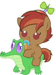 Size: 836x1117 | Tagged: safe, artist:red4567, button mash, gummy, pony, g4, baby, baby button mash, baby pony, button riding gummy, buttonbetes, cute, liquid button, pacifier, ponies riding gators, recolor, riding, weapons-grade cute