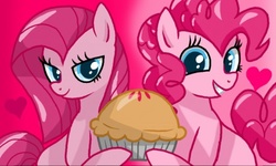 Size: 512x308 | Tagged: safe, artist:imaginary-7502, pinkie pie, g4, duality, female, food, heart, looking at you, pie, pinkamena diane pie, self ponidox, solo, that pony sure does love pies