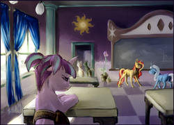 Size: 2000x1440 | Tagged: safe, artist:cuttledreams, starlight glimmer, sunset shimmer, trixie, pony, unicorn, pony pov series, g4, alternate universe, birth of evil, blank flank, bullied, bully, bullying, classroom, female, filly, filly starlight glimmer, flower, origin story, palindrome get, pigtails, plant, princess celestia's school for gifted unicorns, saddle bag, start of darkness, younger