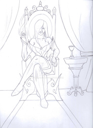 Size: 1024x1397 | Tagged: safe, artist:owlblack08, queen chrysalis, human, g4, boots, cleavage, clothes, dress, female, humanized, magic, monochrome, sitting, solo, throne, traditional art