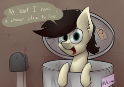 Size: 2399x1687 | Tagged: safe, artist:marsminer, oc, oc only, oc:keith, earth pony, pony, dialogue, looking at you, male, open mouth, optimism, smiling, solo, stallion, trash, trash can