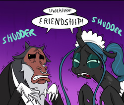 Size: 1927x1635 | Tagged: safe, artist:doublewbrothers, lord tirek, queen chrysalis, centaur, changeling, changeling queen, g4, butler, clothes, comic, cropped, cute, cutealis, derp, description is relevant, dialogue, duo, female, friendship, hilarious in hindsight, maid, male, onomatopoeia, open mouth, reaction image, shuddering, tirebetes