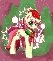 Size: 1400x1600 | Tagged: safe, artist:darkflame75, roseluck, earth pony, pony, g4, bow, christmas, christmas wreath, cute, female, hat, mare, ornament, rosabetes, santa hat, snow, snowfall, solo, wreath