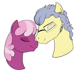 Size: 445x425 | Tagged: safe, artist:karmadash, cheerilee, oc, oc:whispering wind, g4, canon x oc, cheeriwind, eyes closed, female, glasses, male, nuzzling, shipping, straight