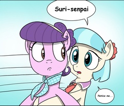 Size: 1172x1000 | Tagged: safe, artist:doublewbrothers, edit, coco pommel, suri polomare, earth pony, pony, g4, cropped, cute, dialogue, duo, female, mare, notice me senpai, senpai, speed lines