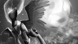 Size: 1280x720 | Tagged: safe, artist:thelunarsea, nightmare moon, g4, female, flying, monochrome, moon, sky, solo