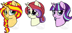 Size: 900x419 | Tagged: safe, artist:tambelon, moondancer, starlight glimmer, sunset shimmer, pony, unicorn, g4, alternate hairstyle, cute, dancerbetes, female, glasses, glimmerbetes, looking at you, magical trio, mare, shimmerbetes, smiling, watermark
