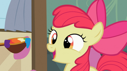Size: 1366x768 | Tagged: safe, screencap, apple bloom, earth pony, pony, family appreciation day, g4, adorabloom, apple, bow, cute, female, filly, food, hair bow, jam, open mouth, smiling, solo, spoon, zap apple, zap apple jam