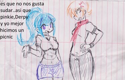 Size: 2209x1417 | Tagged: safe, artist:elgatosabio, ms. harshwhinny, sonata dusk, equestria girls, g4, belly button, clothes, dialogue, duo, female, gym uniform, lined paper, midriff, short shirt, shorts, spanish, t-shirt, text, traditional art, translated in the comments
