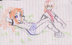 Size: 2257x1417 | Tagged: safe, artist:elgatosabio, adagio dazzle, ms. harshwhinny, equestria girls, g4, clothes, duo, female, grass, gym uniform, lined paper, on back, shoes, shorts, sneakers, t-shirt, traditional art