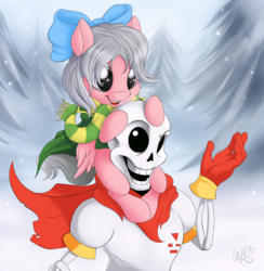 Size: 2200x2250 | Tagged: safe, artist:nobody47, oc, oc:salad, pegasus, pony, bow, clothes, crossover, cute, female, filly, hair bow, high res, papyrus (undertale), piggyback ride, scarf, undertale