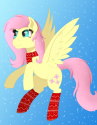 Size: 1024x1317 | Tagged: safe, artist:fia94, fluttershy, g4, clothes, female, floating, looking away, scarf, snow, snowflake, socks, solo