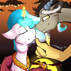 Size: 750x750 | Tagged: safe, artist:conmanwolf, discord, princess celestia, g4, eyes closed, female, floppy ears, magic, male, ship:dislestia, shipping, smiling, straight