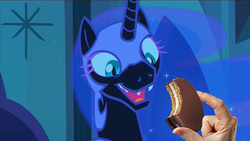 Size: 853x480 | Tagged: safe, edit, edited screencap, screencap, nightmare moon, g4, the cutie re-mark, alternate timeline, cute, discovery family logo, faic, fangs, female, happy, moon pie, moonabetes, moonie snacks, nightmare takeover timeline, open mouth, sharp teeth, smiling, solo, teeth