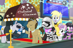 Size: 1000x663 | Tagged: safe, artist:pixelkitties, derpy hooves, doctor whooves, lockdown, ms. harshwhinny, spike, sweetie belle, time turner, earth pony, pegasus, pony, g4, captain phasma, cinema, clothes, costume, crossover, darth vader, eyes closed, male, princess leia, psychic paper, sonic screwdriver, stallion, star trek, star wars, star wars: the force awakens, stormtrooper, the doctor