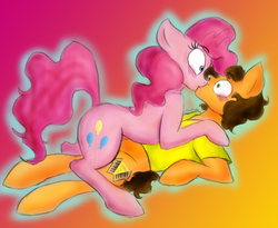 Size: 1151x944 | Tagged: safe, artist:darebel-red, cheese sandwich, pinkie pie, earth pony, pony, g4, .psd available, accidental kiss, blushing, duo, female, male, on back, prone, ship:cheesepie, shipping, straight, wide eyes