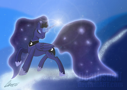 Size: 4961x3508 | Tagged: safe, artist:snailbert-arts, princess luna, alicorn, pony, g4, dream realm, dream walker luna, dreamscape, ethereal mane, eyes closed, female, glowing horn, horn, magic, mare, raised hoof, solo, starry mane