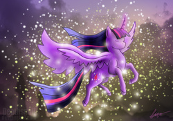 Size: 4893x3421 | Tagged: safe, artist:snailbert-arts, twilight sparkle, alicorn, pony, g4, eyes closed, female, flying, magic, mare, solo, twilight sparkle (alicorn)