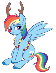 Size: 500x656 | Tagged: safe, artist:lulubell, rainbow dash, deer, pegasus, pony, reindeer, g4, antlers, backwards cutie mark, bell, female, harness, mare, puffy cheeks, red nose, reindeer dash, rudolph dash, simple background, solo, tack, transparent background, tsunderainbow, unamused