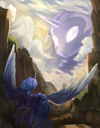 Size: 1200x1527 | Tagged: safe, artist:viwrastupr, princess luna, tantabus, g4, butt, canyon, macro, plot, raised hoof, size difference, spread wings